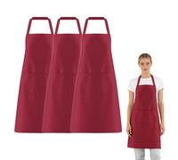 FUIPVGI 3 Piezas Chef Delantal, Delantal de Cocina Impermeable con 2 Bolsillos, Delantal de Barbacoa con Correas Largas para Cocinar Barbacoa Hornear Restaurante Jardinería (Vino tinto) (Vino tinto)
