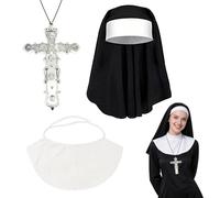 FUIPVGI 3 Piezas Disfraz De Monja Halloween, Accesorios de Disfraz Monja Incluir Toca de Monja, Corbata & Collar Cruz para Disfraces de Halloween para Mujer Cosplay Carnaval Disfraces(Negro)