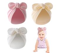 FUIPVGI 3 Piezas Gorro Bebe Recien Nacido, Lindo Algodón Gorros con Lazo Gorro Nacimiento Gorrito Bebe, Gorras para Niño Niña Infantil Turbante Bebé Nudo Sombrero Beanie Gorro (Blanco, Beis, Rosa)