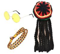 FUIPVGI 3 Piezas Sombrero Rasta Dreadlocks con Pulsera Trenzada de Gafas Amarillas, Sombrero Reggae Rasta, Accesorios de Peluca de Rastas Jamaicanas, Disfraces para Fiestas de Cosplay (Multicolor)