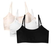 FUIPVGI 3 Piezas Sujetador Deportivo de Algodón para Niña, Sujetador Niña Deportivo Ropa Interior con Almohadillas de Sujetadors Fijas y Tirantes Ajustables para 10 a 16 años (Negro, Blanco, Piel)