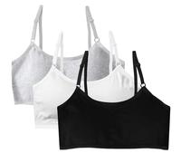 FUIPVGI 3 Piezas Sujetador Deportivo de Algodón para Niña, Sujetador Niña Deportivo Ropa Interior con Almohadillas de Sujetadors Fijas y Tirantes Ajustables para 10 a 16 años (Negro, Blanco, Gris)