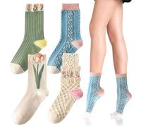 FUIPVGI 4 Pares Calcetines de Flores Vintage para Mujeres, Medias Retro Bordadas de Algodón Divertidos