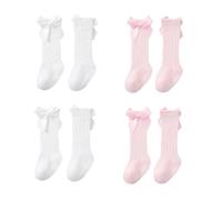 FUIPVGI 4 Pares Calcetines de Rodilla para Niños, Medias Suaves Tejidas para Niña, Calcetines Infantiles Elásticos de Algodón con Lazos para Niños Pequeños (FR/ES, Edad, 1 año, 3 años, 4 Pares)