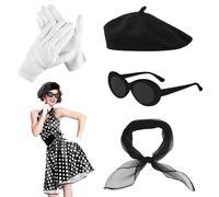 FUIPVGI 4 Piezas 50's Costume Accessories Set, Disfraz De Los Años 50 Accesorios, Boina, Pañuelo de Seda, Gafas, Guantes, 50s Accesorios Mujer Retro, para Mujer Carnaval Retro Fiesta