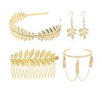FUIPVGI 4 Piezas Accesorios de Disfraz de Diosa Griega Mujer, Corona de hojas romanas, tocado de hoja de laurel,bohemio Peine, Clip para el Pelo, Pendientes,anillo del brazo, para Bodas Party (Oro)