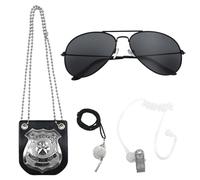 FUIPVGI 4 Piezas Accesorios Disfraz Policia, Disfraz de Policía con Silbato, Placa de policía, Gafas de Sol Policía Juguete Kit para Niños Halloween Fiesta Carnaval Juego de Roles Accesorios (Plata)