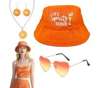 FUIPVGI 4 piezas de sombrero de pescador naranja con gafas y aretes, collar, sombrero de pescador de verano, unisex, plegable, gorra de playa para hombre y mujer, sombrero de pescador, naranja, Talla