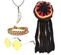 FUIPVGI 4 Piezas Sombrero Rasta Dreadlocks con Pulsera Trenzada de Gafas Amarillas, Collar, Sombrero Reggae Rasta, Accesorios de Peluca Rastas Jamaicanas, Disfraces para Fiestas Cosplay (Multicolor)