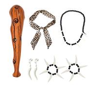FUIPVGI 6 piezas de disfraces inflables de hombre de las cavernas salvajes con palo de madera marfil, pulsera, diadema de leopardo, aretes, accesorios de disfraz de cueva para disfraces de Halloween
