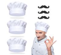 FUIPVGI 6 piezas de sombrero de chef + bigote negro, juego de disfraz para adultos, unisex, kit de disfraz de panadero para cocina, pastelería, restaurante, panadero, con gorra (negro, blanco)