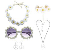 FUIPVGI 6 Piezas Hippie Costume Set, Accesorios retro estilo Años 60 y 70, Diademas de Margarita Gafas Colares Pendientes, pulsera Conjunto de Disfraz Hippie para Fiesta Temática Mascarada (Blanco)