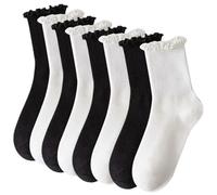 FUIPVGI 8 pares de calcetines de tobillo para mujer, calcetines de encaje con volantes, color negro y blanco, con ribete de encaje, calcetines de ballet, calcetines con volantes., negro, blanco, 4-7