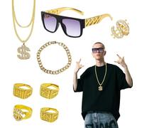 FUIPVGI 8 Piezas Disfraz de Chulo Disfraces Hip Hop Kit, 80s 90s Disfraz de Hip Hop para Hombrem, Rapper Punk Accesorios, para Carnaval Fasching Mottoparty Conciertos de Rap (Oro)