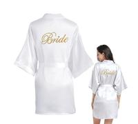 FUIPVGI Albornoz de Satén Mujer, Bata Novia Boda de Saten, Mujer Albornoces Suave y Sexy, Sexy Kimono Bata, Boda Dama de Honor Batas con Palabra Bordada para Boda Fiesta (Blanco, Talla única)