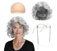 FUIPVGI Conjunto de disfraz de anciana, juego de peluca de abuela gris con lentes de peluca de abuela con kit de accesorios de cadena, gorra de peluca de abuela para Halloween, Día Mundial del Libro,