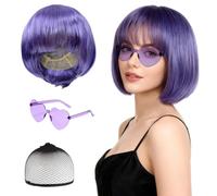 FUIPVGI Juego de Peluca y Gafas de Sol de Color Morado, Pelucas Sintéticas Rectas Cortas con Flequillo, Gafas de Sol y Gorro de Peluca para Mujeres y Niñas Carnaval Halloween Cosplay (Púrpura)
