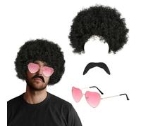 FUIPVGI Peluca Afro Funky, 3 Piezas Accesorios de Vestir Hippie Retro de los Años 70, Gafas Hippie Bigotes Peluca Afro Funky, Accesorios de los Años 60 y 70 para Hombres Disfraz Hippie (3 piezas)