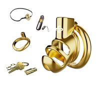 FUJIEYU Pequeña Jaula De Castidad De Acero Inoxidable Para El Pene Ventilada Cock Cage Men Con Cinturón Y Anillo Para El Pene Y Apertura A Distancia Cock Cage Hombre BDSM Sex Toy,Oro