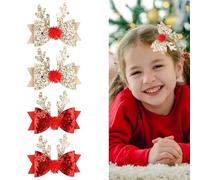 Fukaisu 4pzs Pinzas Pelo Navideñas, Adorables Astas Reno Pinzas Moño Lentejuelas Brillantes Horquillas Navidad Tocado Festivo para Mujeres Niñas Accesorios Fiesta Relleno Calcetines (Rojo, Dorado)