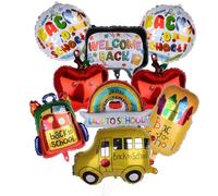 Fukaisu 9uds Globos Vuelta Colegio, Papel Aluminio Autobús Escolar Mochila Lápiz Lápiz Color Manzana & Bienvenido Globos Set con Cuerda & Pajita para Fiesta Aula Decoración Suministros