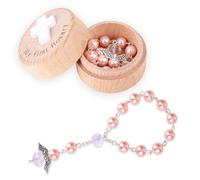 Fukaisu Regalos para Mi Primer Rosario de Bautizo, Caja de Recuerdo Bautizo y Pulsera Rosario con Alas Ángel Set Cuentas Católicas Primera Comunión para Baby Shower (Rosa)