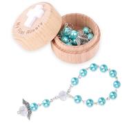 Fukaisu Regalos para Mi Primer Rosario de Bautizo, Caja de Recuerdo Bautizo y Pulsera Rosario con Alas Ángel Set Cuentas Católicas Primera Comunión para Baby Shower (Azul Claro)