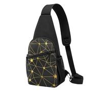 FUkker Bolso bandolera, bolso cruzado en el pecho, bolso en diagonal para viajes, senderismo, pecho, mochila, cinturón, unisex,Patrón sin fisuras de red de estrellas negras doradas