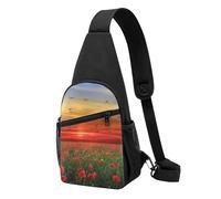 FUkker Bolso bandolera, bolso cruzado en el pecho, bolso en diagonal para viajes, senderismo, pecho, mochila, cinturón, unisex,Campo de flores de amapola roja al atardecer impreso