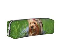 FUkker Estuche para lápices, Estuche de Cuero para lápices, Estuche para lápices, Organizador de papelería, Estuche para lápices, Yorkshire Terrier Césped Lindos Perros Ummer Lazo Rojo