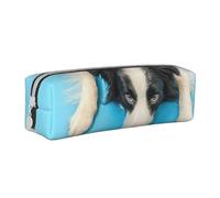 FUkker Estuche para lápices, Estuche de Cuero para lápices, Estuche para lápices, Organizador de papelería, Estuche para lápices, Perro Cachorro Gracioso Border Collie sobre Fondo Azul