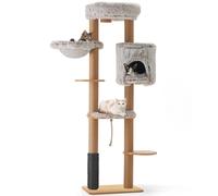 FUKUMARU Árbol rascador para Gatos 188 cm, Montaje en Pared, con Cama para Gato, Poste rascador, tapete rascador de Yute, árbol para Gatos de Madera de Goma Natural sólida, Felpa Suave, Gris Claro