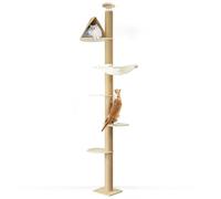 FUKUMARU Árbol rascador para Gatos, Torre de 6 Niveles hasta el Techo (282-305 cm), montado en la Pared, Hecho de Madera de Caucho Natural, con Tienda escondite para Gatos y cómoda Hamaca, Beige