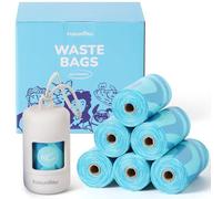 FUKUMARU Bolsas para excrementos de perro, 120 bolsas biodegradables, compostables según ASTM D6400 y a prueba de fugas, 30 x 22 cm, con dispensador de bolsas blanco y fragancia a océano.