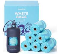 FUKUMARU Bolsas para excrementos de perro, 120 bolsas biodegradables, compostables según ASTM D6400 y a prueba de fugas, 30 x 22 cm, con dispensador de bolsas azul y fragancia a océano.