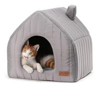 FUKUMARU Cama para gatos grandes, 43 x 43 x 45 cm, casa para gatos interior, con cojín extraíble, estilo de modelado de casa, cama lavable, gris