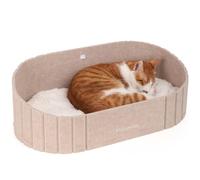 FUKUMARU Caseta para Gatos Interior - Cama Extragrande de 60 cm con cojín de Peluche imitación Conejo, sofá o casa Ovalada de Fieltro para Gatos domésticos, Beige