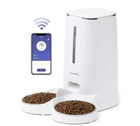 FUKUMARU Comedero Gato Automatico WiFi, 4L Dispensador Comida para Perro/Gato con Dos Cuencos, Programa Personalizado de Alimentación Automática, Funcionamiento por Pilas y cableado eléctrico, Blanco