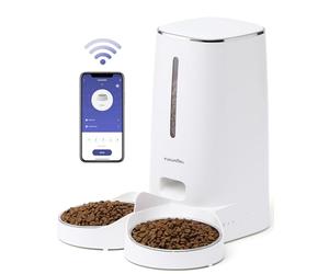 FUKUMARU Comedero Gato Automatico WiFi, 4L Dispensador Comida para Perro/Gato con Dos Cuencos, Programa Personalizado de Alimentación Automática, Funcionamiento por Pilas y cableado eléctrico, Blanco