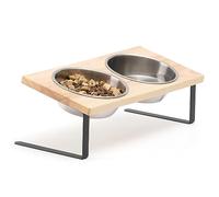 FUKUMARU Comedero Gatos Elevado, Cuenco Ajustable de Acero Inoxidable para Gatos y Perros Pequeños - Soporte de Madera de Caucho Natural con Tazón Inclinado a 15 Grados - Ideal para Dieta Sana