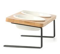 FUKUMARU - Cuencos de cerámica elevados para gatos y perros, cuencos con una inclinación de 15 º para agua y comida en soporte de bambú, juego para gatos y cachorros