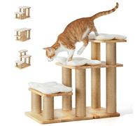 FUKUMARU Escalera para Perros, 3 peldaños para Mascotas, Escalera para Gatos de Madera de Caucho Natural y Yute, Altura Ajustable de 18 a 51 cm, soporta hasta 90 kg, cojín de Felpa Lavable, Blanco