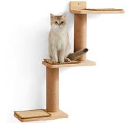 FUKUMARU Estantes de Pared para Gatos en Madera de Goma y Yute, 3 en 1 transformable con 3 tapetes para Rascar de Sisal, Montado en Pared, Adecuado para Escalar, Jugar y arañar