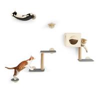 FUKUMARU Estantes de pared para gatos, juego de muebles de pared de madera estable, 5 piezas, escalador de gatitos con hamaca, casa, escalones, poste rascador, gris