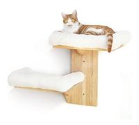 FUKUMARU Mueble de pared para escalar gatos, 2 plataformas, de madera de goma maciza, 40,6 cm montado en la pared con cama de felpa, estantes de pared para escalar y jugar