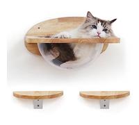 FUKUMARU Pared de Escalada para Gatos con Cápsula Espacial Transparente, Incluye 2 Pedales, Set de Muebles de Pared en Madera de Goma Maciza, Adecuado para Dormir y Escalar,Soporta hasta 16KG