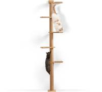 FUKUMARU rascador para Gatos, Torre de 5 Niveles hasta el Techo (206 cm), montado en Pared, de Madera de Caucho Natural, para trepar, rasguñar y Jugar.