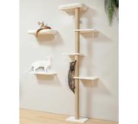 FUKUMARU Rocódromo para Gatos, 178 cm de Altura, Robusto Conjunto 3 en 1 de Madera Maciza Multicapa, con rascador y 2 estantes de Pared, Pared para trepar Que Ahorra Espacio, Beige