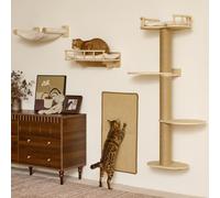 FUKUMARU Set de Pared de Escalada para Gatos, 4 en 1 Mueble de Pared Estable de Madera Multicapa con Hamaca, estantes, Poste rascador y Alfombra de sisal - Kletterwand Ahorra Espacio (Beige)