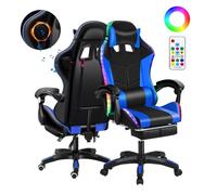 Fukursul - Silla de juego Bluetooth con luces RGB vibrantes, ergonómica, con función de masaje, para ordenador, altura ajustable con reposapiés, color azul y negro